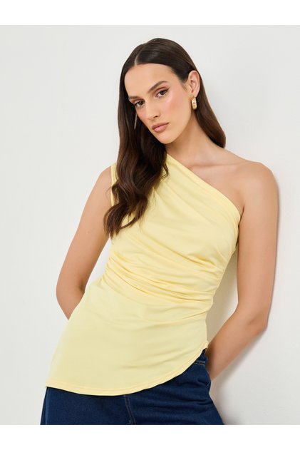Yellow Asymmetrical Neck Gathered Top
