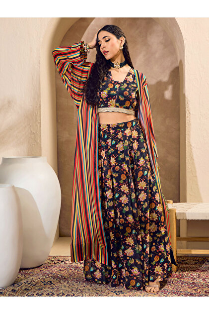 Black Floral Crop Top with Anarkali Skirt and Shrug Co-Ords