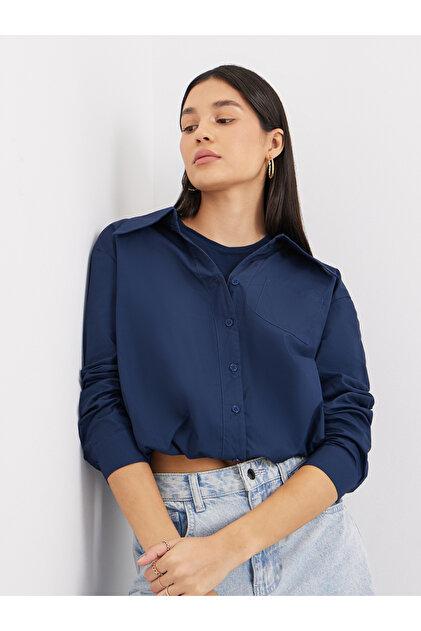 Women Navy Blue Plain Collared Shirt