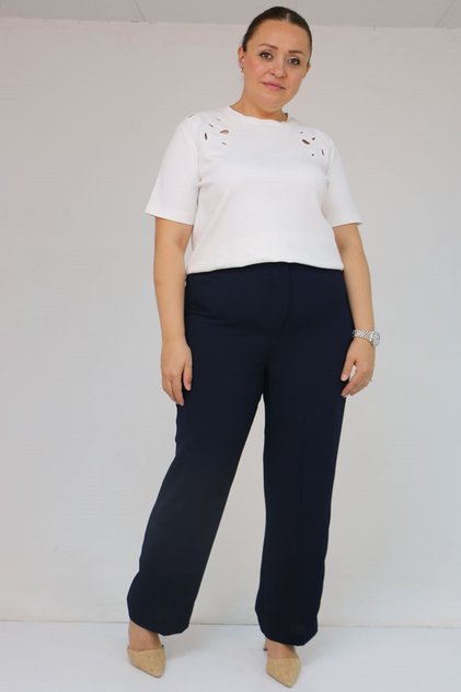 59016 Plus Size Crepe Trousers with Button Waist - Navy Blue