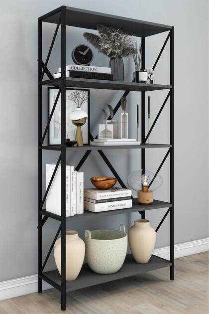 OPTİMUS Metal Kitaplık 5 Raflı Çok Amaçlı Dosya Rafı Ofis Salon Raf 150 Cm ANTRASİT