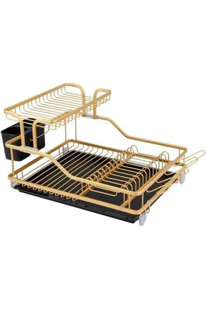 Sleek aluminum dish rack with drain tray, holds dishes and utensils, keeps counters dry and tidy.