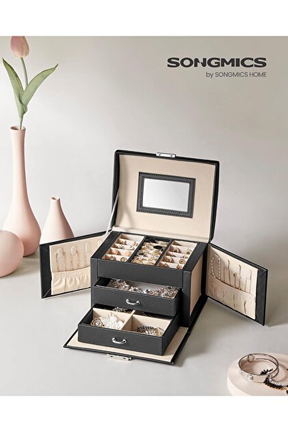 SONGMICS 3-Tier Jewelry Box, 2 Drawers, Mirror and Lock