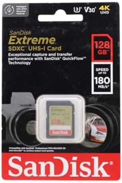 128GB Extreme SDXC Card + RescuePRO Deluxe, Up to 180MB/s, UHS I, Class 10, U3, V30