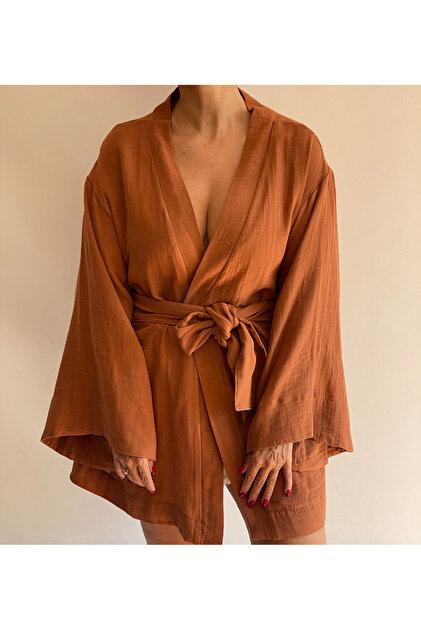 Cacao Müslin Kimono Yarasa kol Kahverengi