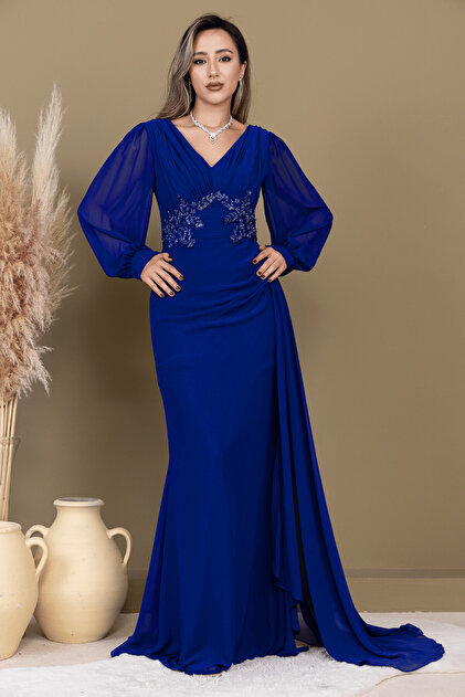 BEYBOS Chiffon Beaded Embroidered Shawl Detailed Long Evening Dress - S Cobalt  Blue- Trendyol