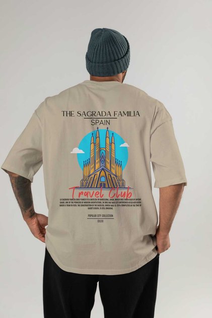 Tricou oversize bej cu imprimeu pe spate The Sagrada Familia Spania, pentru bărbați și femei, din bumbac, cu gât rotund