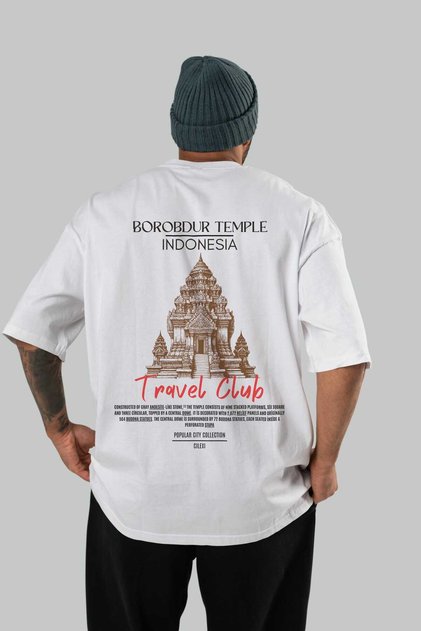 Borobdur Temple Indonesia Back Printed White Oversize T-Shirt Men Women Cotton Crew Neck T-Shirt