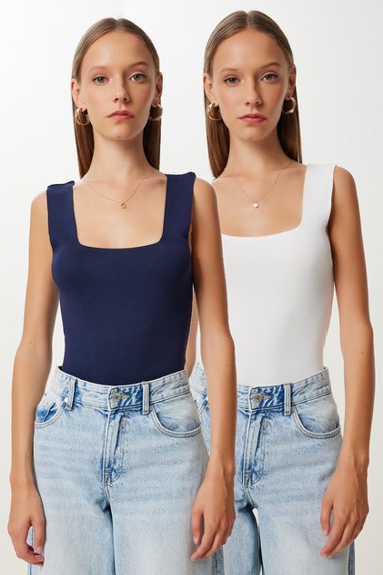 2-Piece Square Collar Thick Strap Knitwear Blouse Lus0001 Dark Blue White