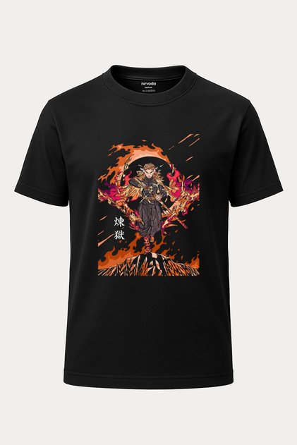 Tricou Demon Slayer cu imprimeu Rengoku, negru