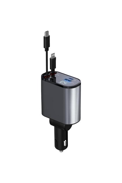 120W 4-in-1 car charger with LED display, dual USB ports, Type-C & Lightning cables, PD support.