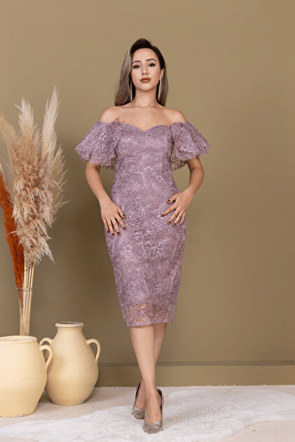 BEYBOS leme D Lace Boat Neck Pencil Long Dress - Dried Rose- Trendyol