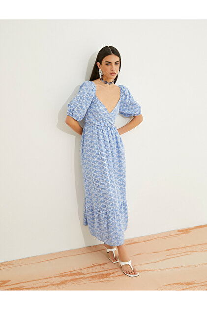 Floral Midi Dress Cotton Sweetheart Neckline