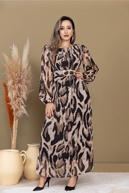 BEYBOS Chiffon Belt Detail Maxi Dress - Brown- Trendyol BEYBOS Chiffon Belt Detail Maxi Dress - Brown- Trendyol