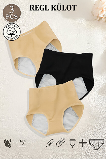 3 Pieces Menstrual Panties 100% Cotton Women's Special Daily Pad Panties Washable, Protection Day and Night All Day Long