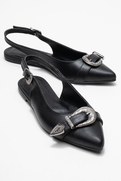 Dorothy Black Genuine Leather Buckle Pointed Toe Women's Sandals