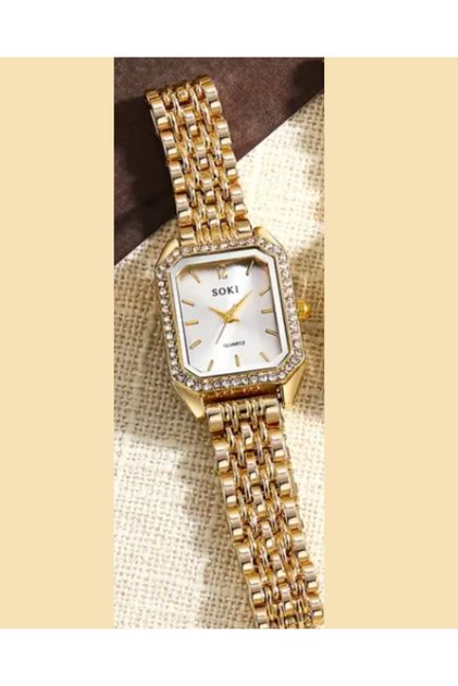 Gold Colored Metal Stone Detailed Women's Watch