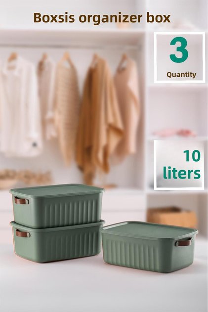 Boxsis Green 3 Pieces 10 Lt Organizer Box with Lid Storage Decorative Cabinet Organizer Storage