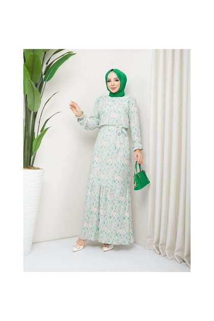 Pleated Viscose Fabric Floral Patterned Dress - Green