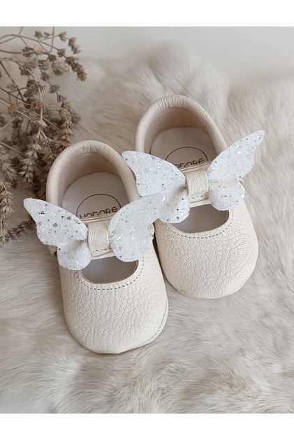 Alice Kelebek Taşlı Krem Hakiki Deri Bebek Mokasen