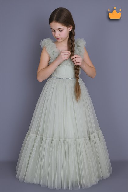 7-11 Years Drawstring Tulle Detailed Strap Long Length Girl's Evening Dress Holiday Dress Wedding Dress Green 6514