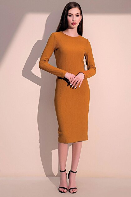 New Laviva Women's Mustard Long Sleeve Quality Self Textured Fabric  Gathered Back Knee Length Dress- Trendyol