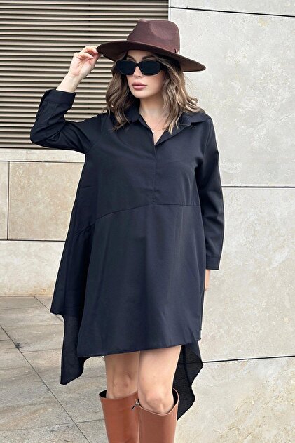 New Laviva Women's Black Shirt Collar, Long Sleeve, Asymmetric Cut, Loose,  Midi Tunic Dress- Trendyol