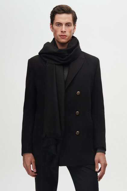 Ds Damat Regular Fit Μαύρο Διπλό Παλτό Sailor με Μεταλλικό Κουμπί με Λεπτομέρεια Κασμίρ