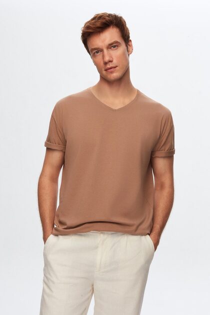 Slim Fit Mink V-Neck 100% Cotton T-Shirt