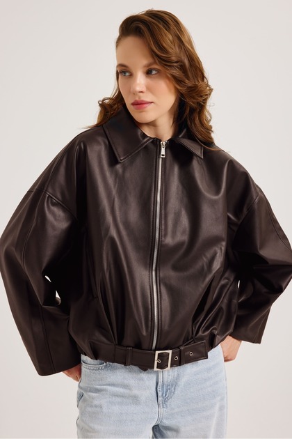 MEECY New Season Faux Oversized Bomber Leather Jacket - Trendyol