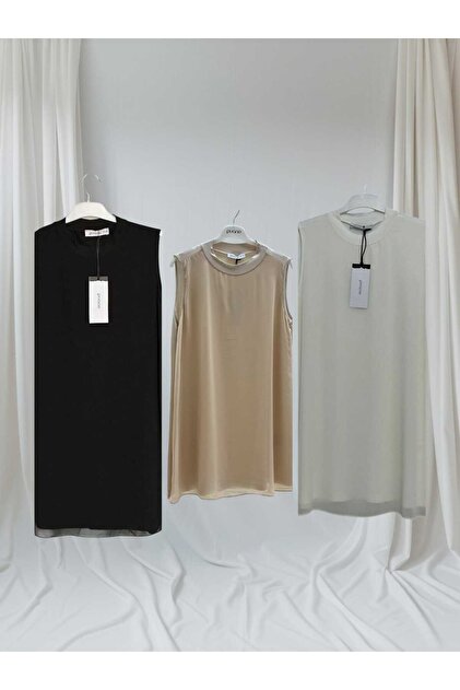 Women's Set of 3 Ecru Black Beige Front Chiffon Detailed Sleeveless Underwear Tunic 10270