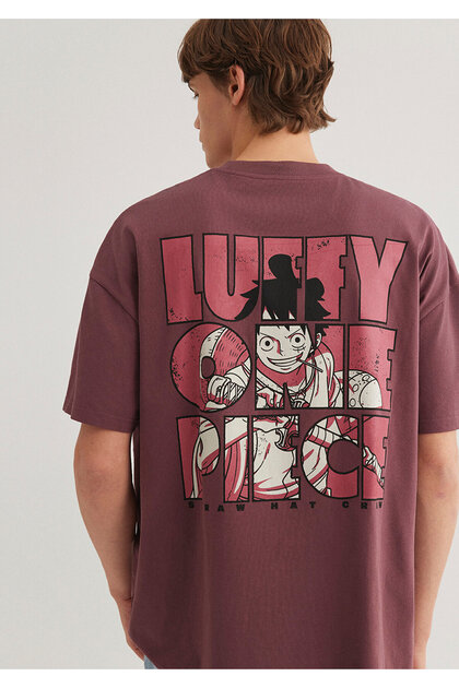 Mavi Luffy Baskılı Bordo Tişört Oversize / Geniş Kesim 0612562
