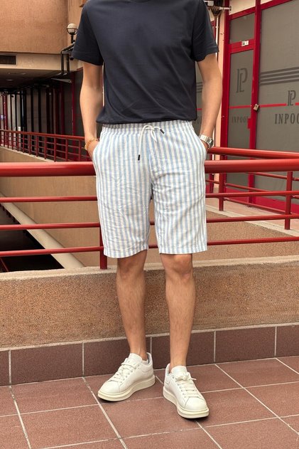 Men's Striped-linen Shorts with Elastic Waist