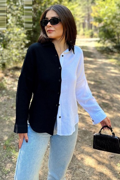 Kadın Siyah & Beyaz Muslin Kumaş, Çift Bloklu, Eteği Oval, Uzun Kol, Regular Kesim Gömlek