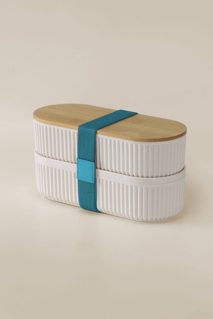 500 ml Blue Bamboo Lid Lunch Box 2 Tier Storage Container