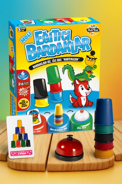 Eğitici Bardaklar – Zeka, Hız ve Renkli Dizme Oyunu, Zil ve Kartlı Set (6+ Yaş)