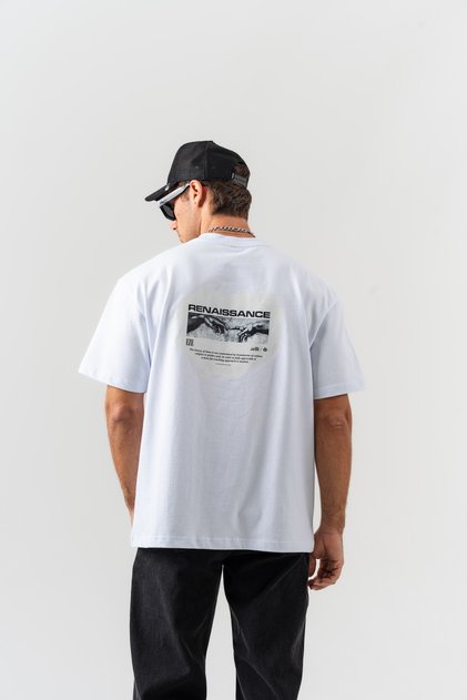 Men's White Renaissance Back Printed 100% Cotton Oversize Fit Crew Neck T-Shirt