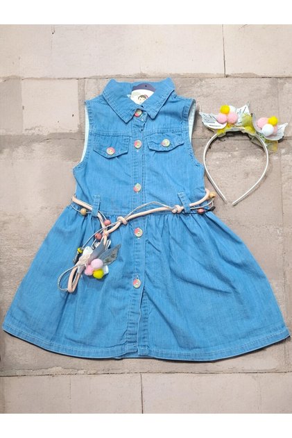 Girl's Front Buttoned Summer Denim Dress with Buckle Gift 1-2/2-3/3-4/4-5 Years Old