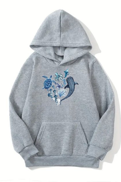 Unisex Gray Hooded Sweatshirt – Sea Animals Printed, Thick Fabric with Hood