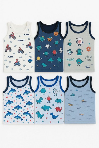 Boy's Patterned Undershirt Set of 6 Cotton Relaxed Fit