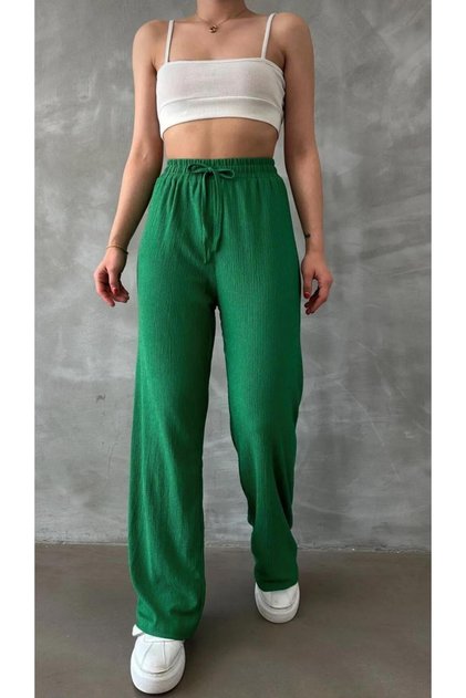 Pantaloni de damă SEERSUCKER, cu talie elastică, cu șireturi, cu tăietură palazzo, cu talie înaltă