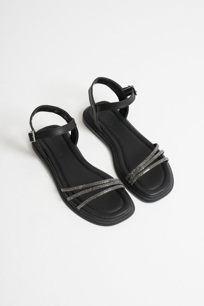 Women's Spiral Stripe Stone Ankle Strap Flat Sole Black Sandals