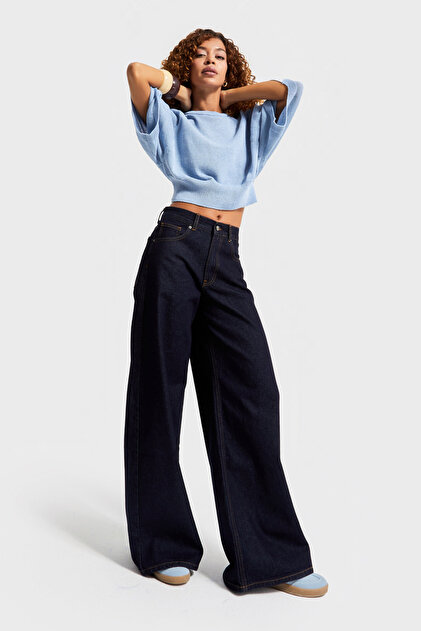 Blugi din denim pentru femei, indigo, 7w5-50, palazzo fit, 100% bumbac, lungime interioară 80 cm