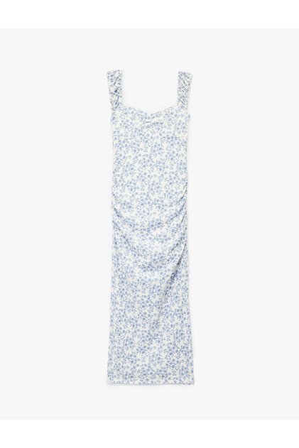 Heart Neckline Short Sleeve Back Detail Floral Slit Slim Fit Maxi Dress