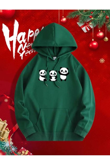 Cute Pandas Front and Back Printed Hooded Pocket Green Sweatshirt with Wool Inside