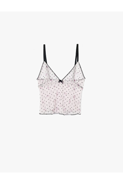 Puantiyeli V Yaka Slim Fit Fiyonklu Tüllü Crop Pijama Üstü