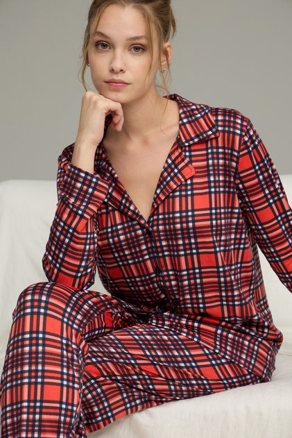 Karirano Sa deznom Košulja kragna Pajama set sa dugmićima Milan Pleteno 25224021