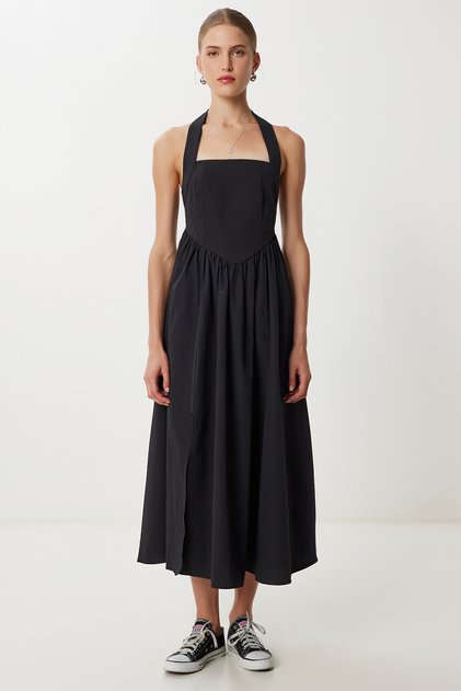 Thick Strap Midi Poplin Dress Lub0207 Black