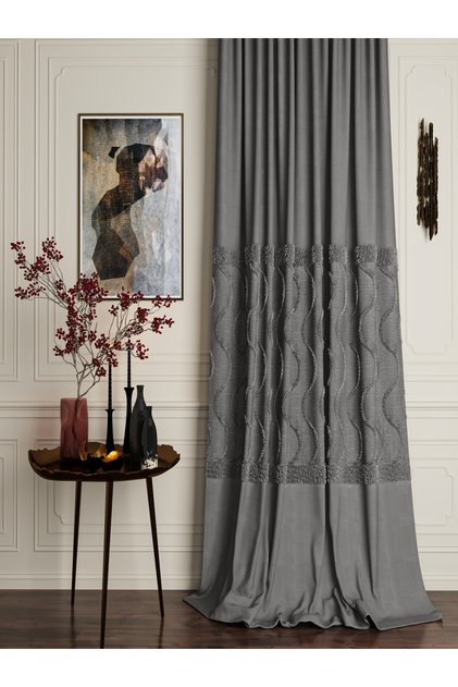 Valentino Linen Bearded Background Curtain Anthracite Gray