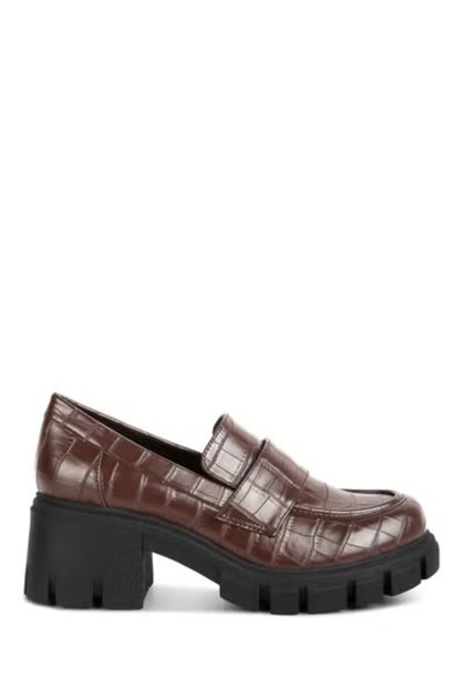 Women Brown Chunky Block Heel Loafers